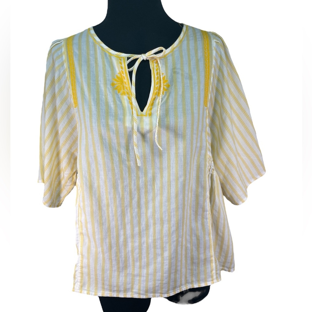 Boho embroidered striped neck tie closure tropical short sleeve cotton tunic